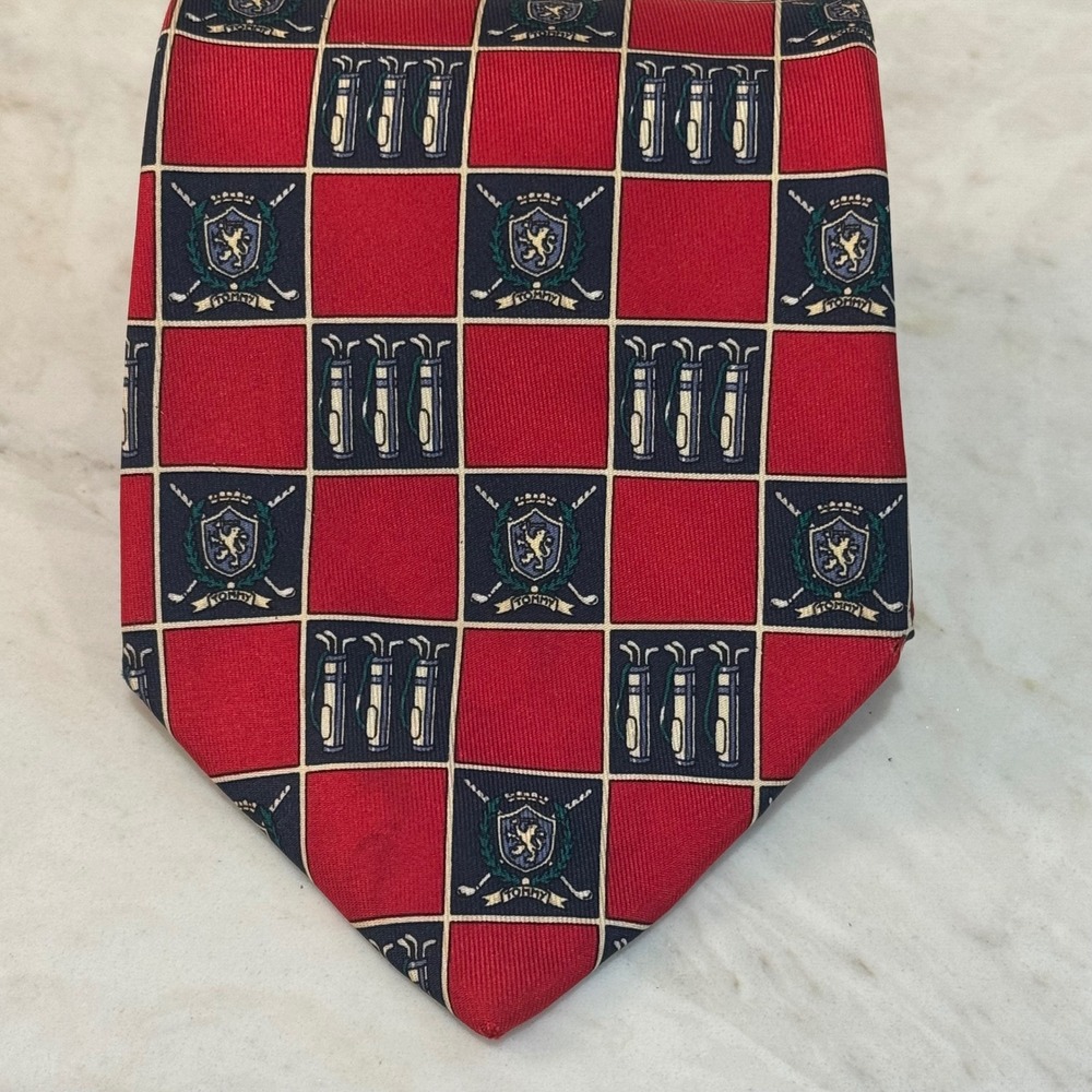 Vintage Tommy Hilfiger Golf Tie Silk Necktie Golf Clubs Crest Logo Red Blue EUC